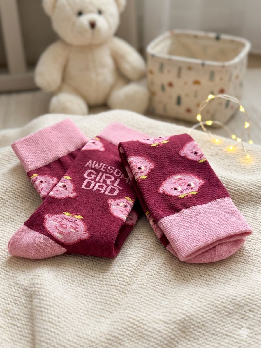 The 'Girl Dad' Expedition: Maroon & Pink Novelty Crew Socks